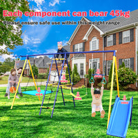 500 lbs 7 in 1 Swing Set for Kids Backyard Outdoor A-Frame Heavy-Duty Metal Swing Sets with Slide, 2 Swing Seats, 1 Climbing Net & Ladder, 1 Gym Ring, 1 Basket