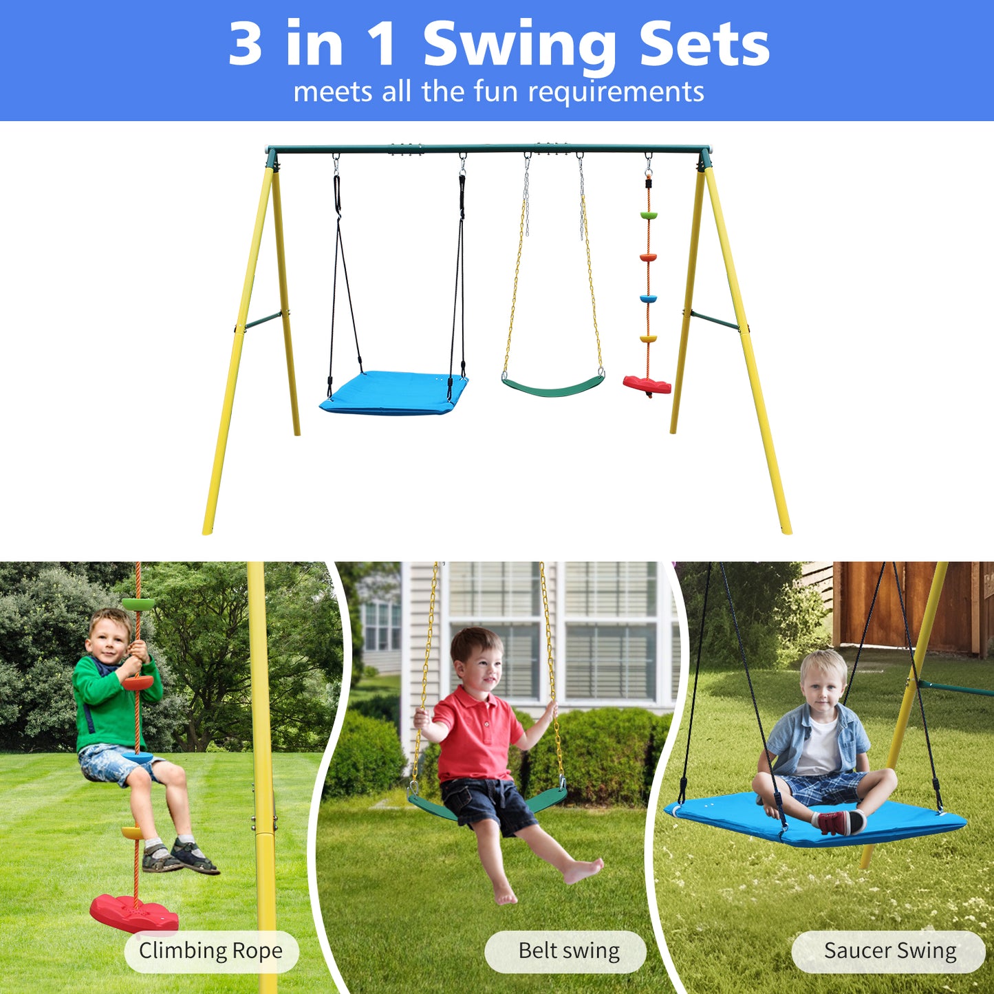 Indoor/Outdoor Metal Swing Set with Safety Belt for Backyard