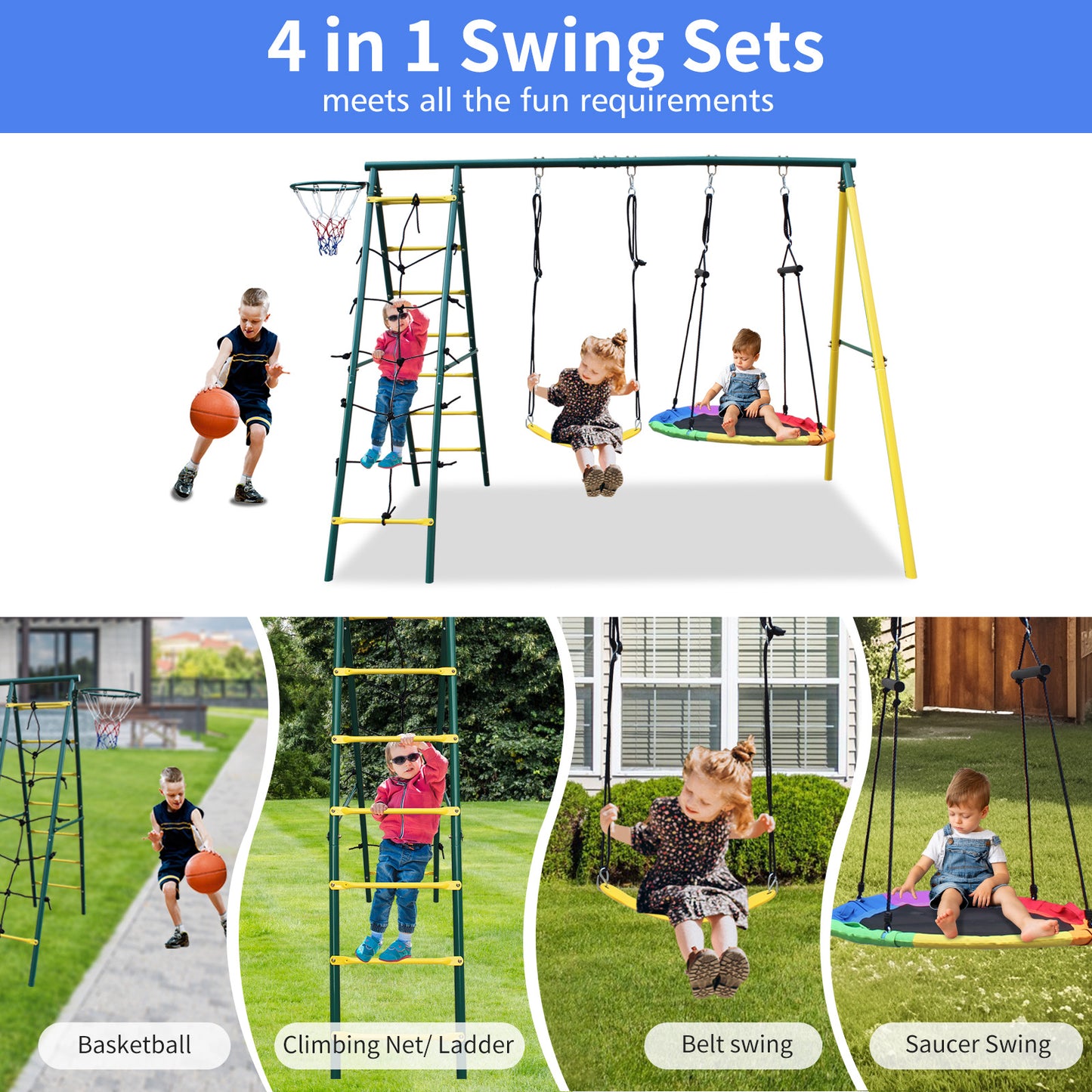 Indoor/Outdoor Metal Swing Set with Safety Belt for Backyard