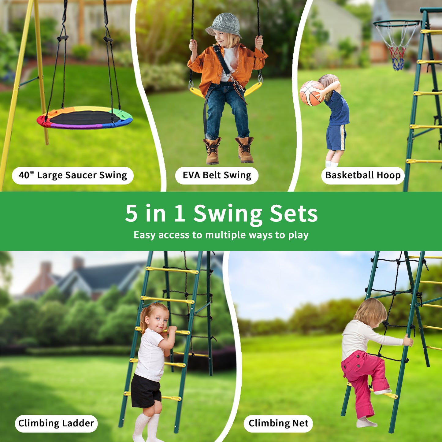 Indoor/Outdoor Metal Swing Set with Safety Belt for Backyard