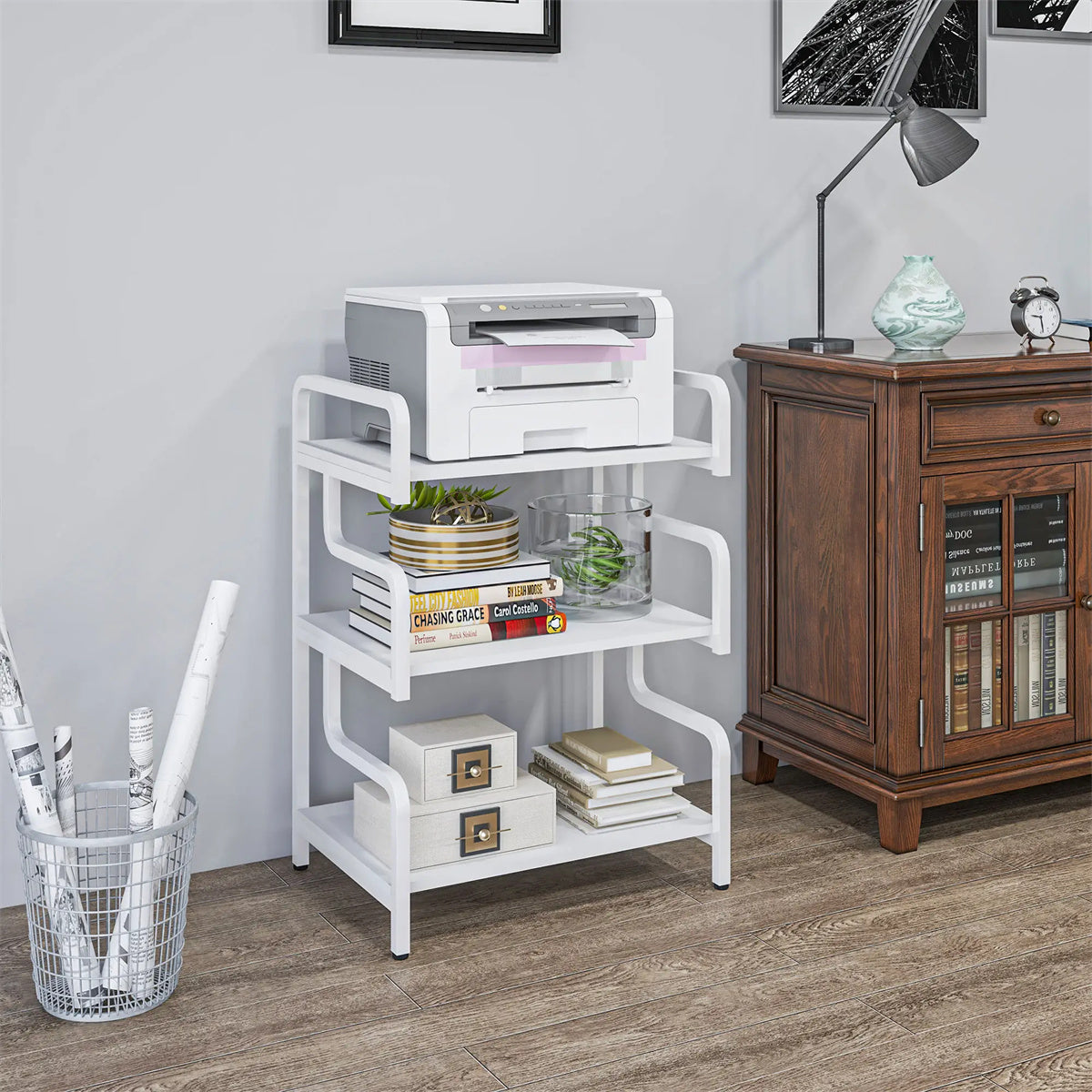 3-Tier Printer Stand，Free Standing Metal Storage Shelf white