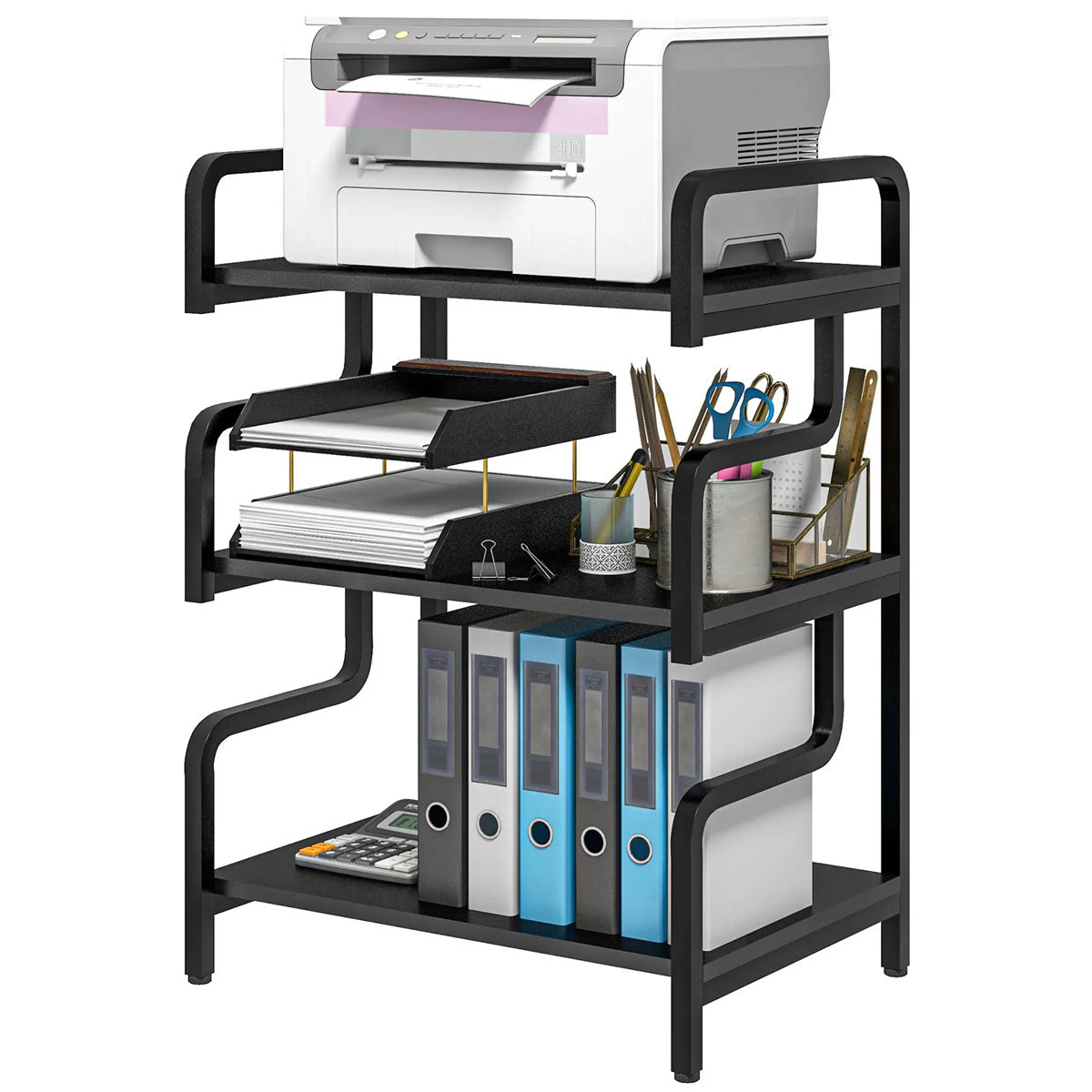 3-Tier Printer Stand，Free Standing Metal Storage Shelf Black