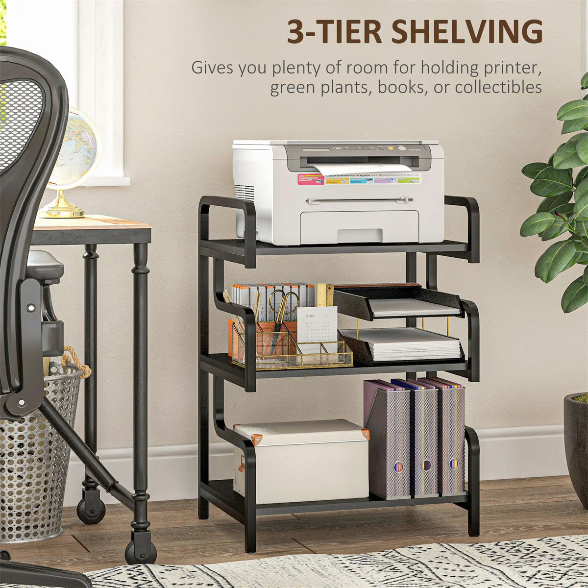 3-Tier Printer Stand，Free Standing Metal Storage Shelf Black