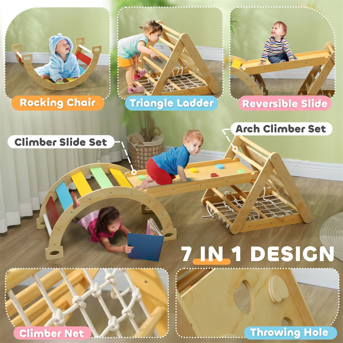 7 in 1 kids hiking triangle set with ramp and arched ladder