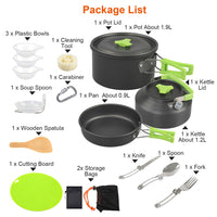 16Pcs Camping Cooking Ware Set Camping Stove Cookware Kit Aluminum Pot Pan Kettle Set with Bowls Knife Fork Spoon Carabiner Spatula Cutting Board for Hiking Picnic Outdoor