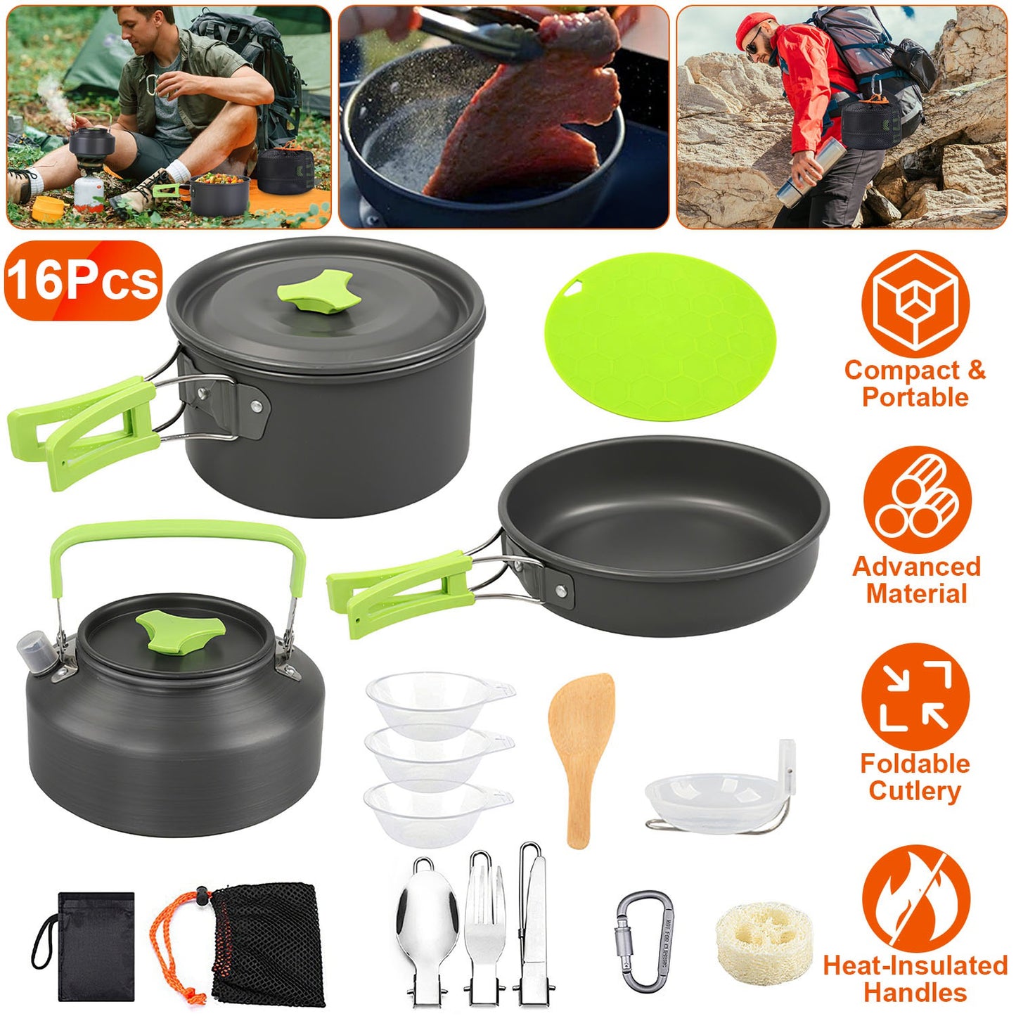 16Pcs Camping Cooking Ware Set Camping Stove Cookware Kit Aluminum Pot Pan Kettle Set with Bowls Knife Fork Spoon Carabiner Spatula Cutting Board for Hiking Picnic Outdoor