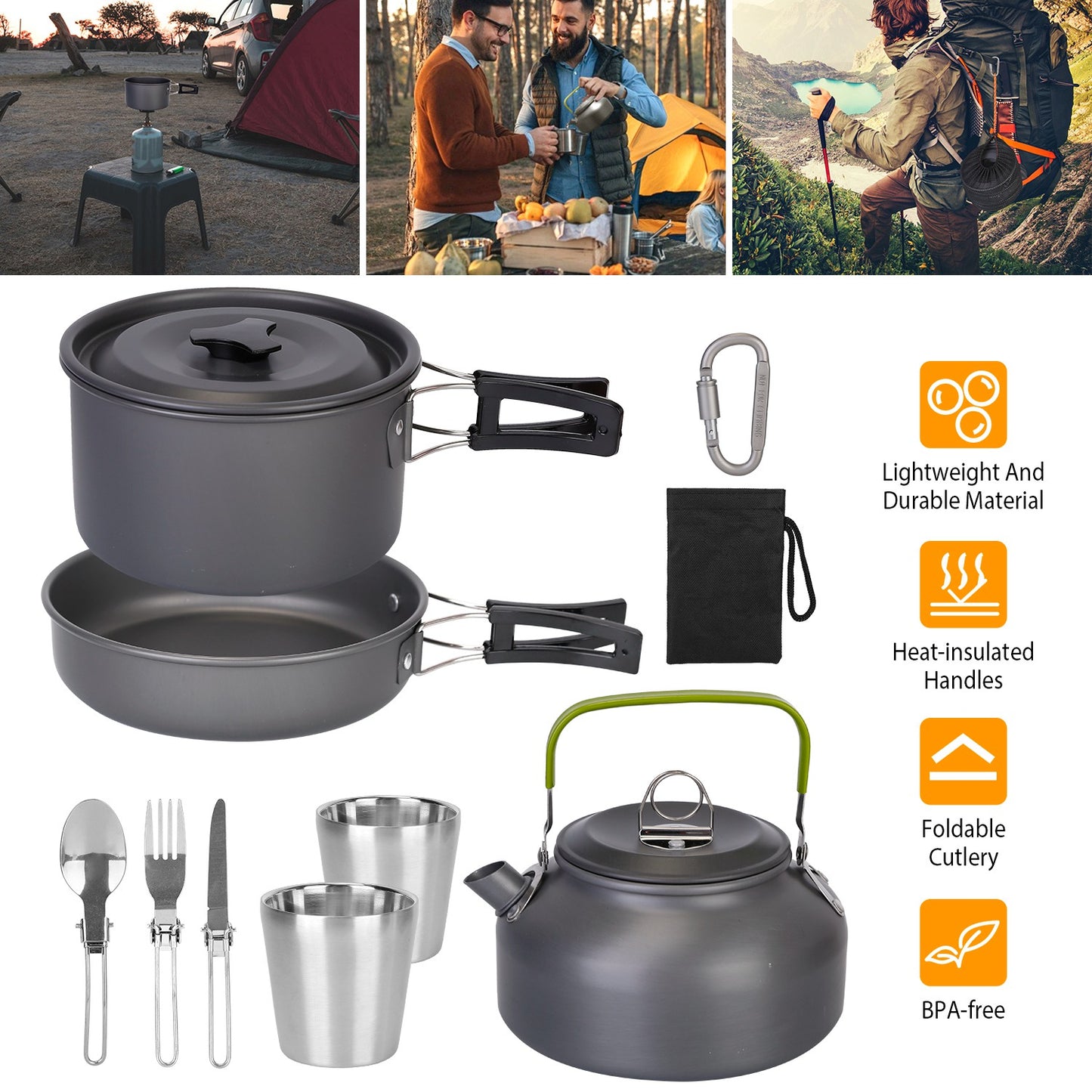 12Pcs Camping Cookware Set Camping Stove Aluminum Pot Pans Kit for Hiking Picnic Outdoor with Cup Fork Spoon Knife