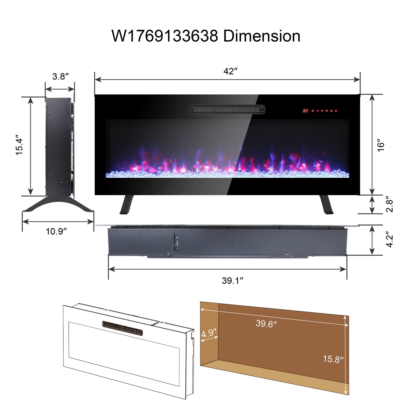 42 inch recessed ultra thin tempered glass front wall mounted electric fireplace with remote and multi color flame & emberbed, LED light heater