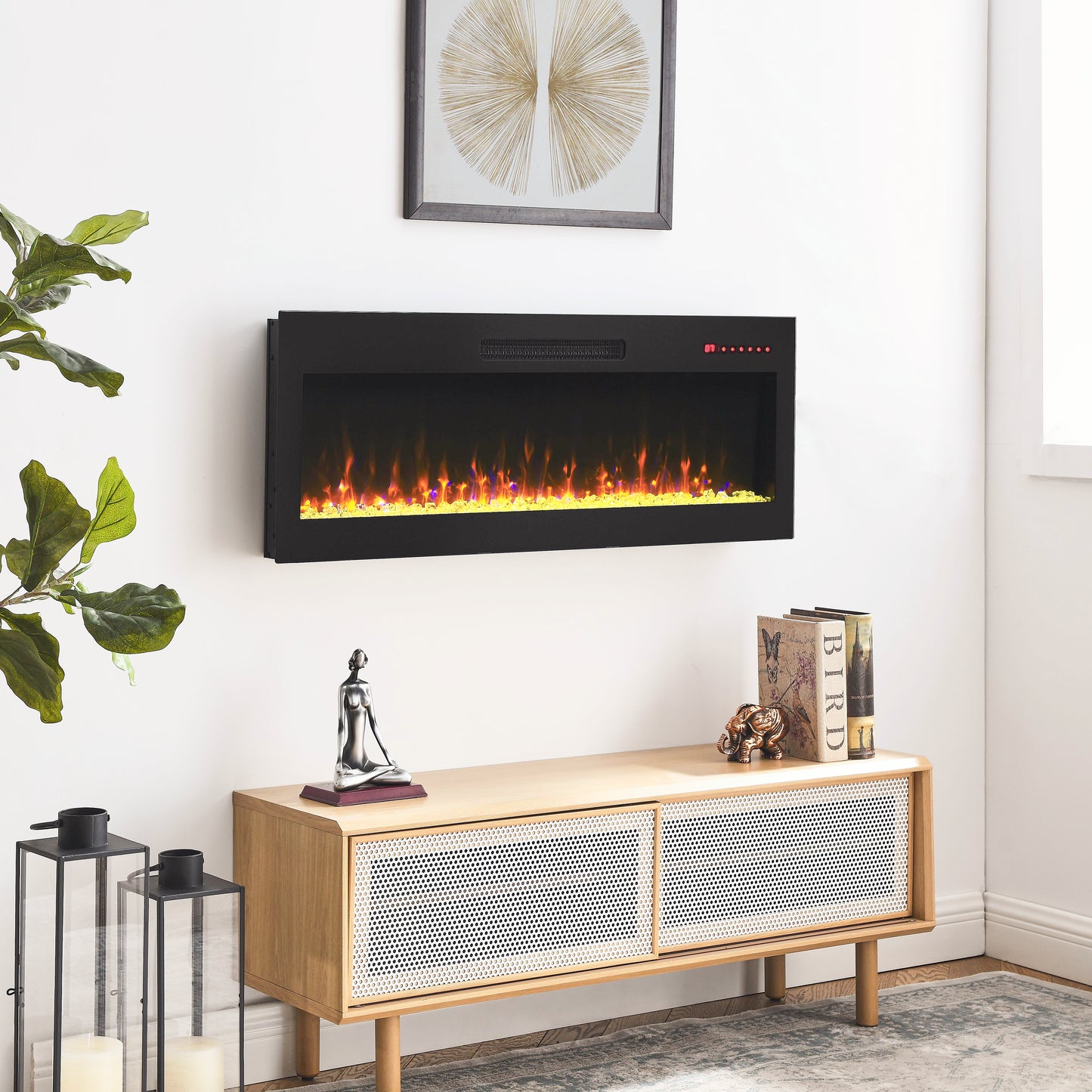 42 inch recessed ultra thin tempered glass front wall mounted electric fireplace with remote and multi color flame & emberbed, LED light heater