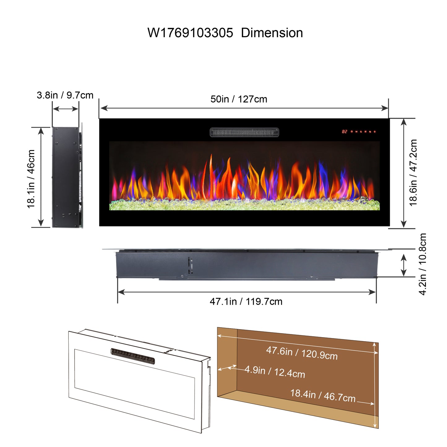 50 inch recessed ultra thin tempered glass front wall mounted electric fireplace with remote and multi color flame & emberbed, LED light heater