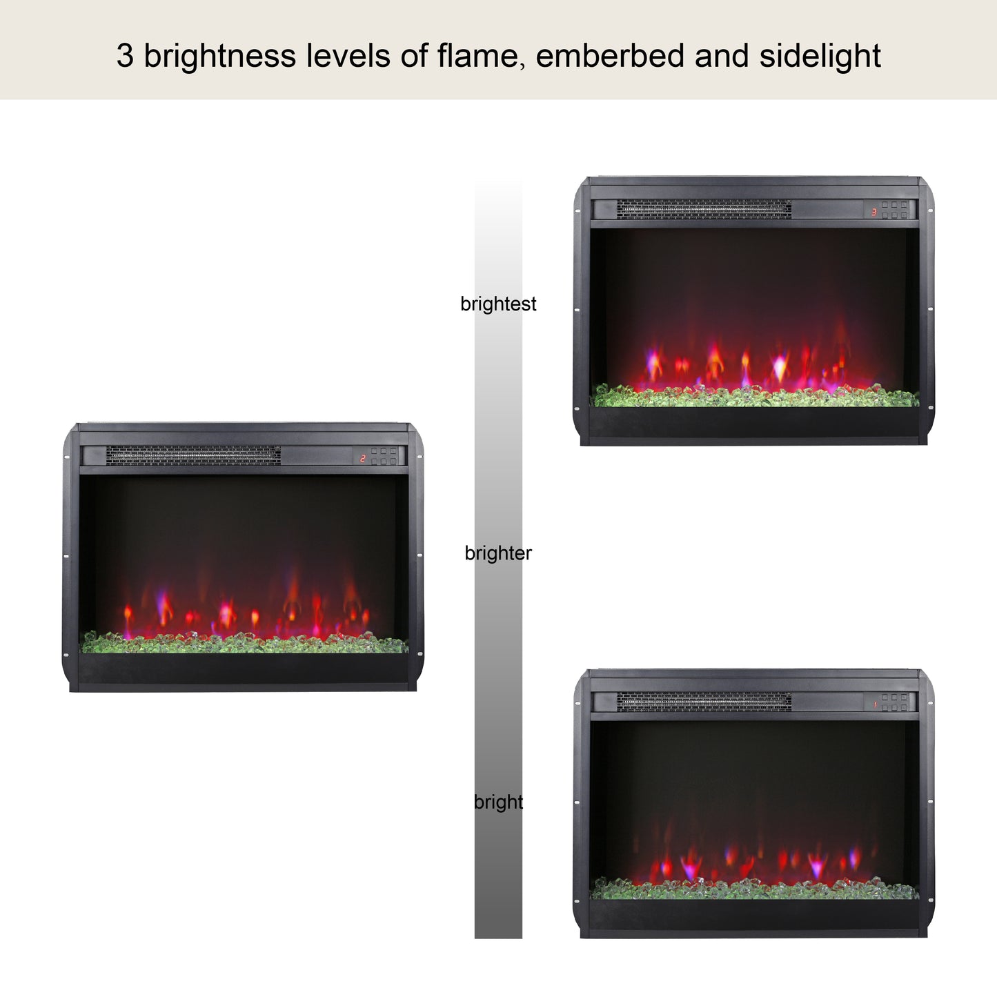 23 inch electric fireplace insert, ultra thin heater with crystal  & realistic flame, remote control with timer, overheating protection,with sidelight