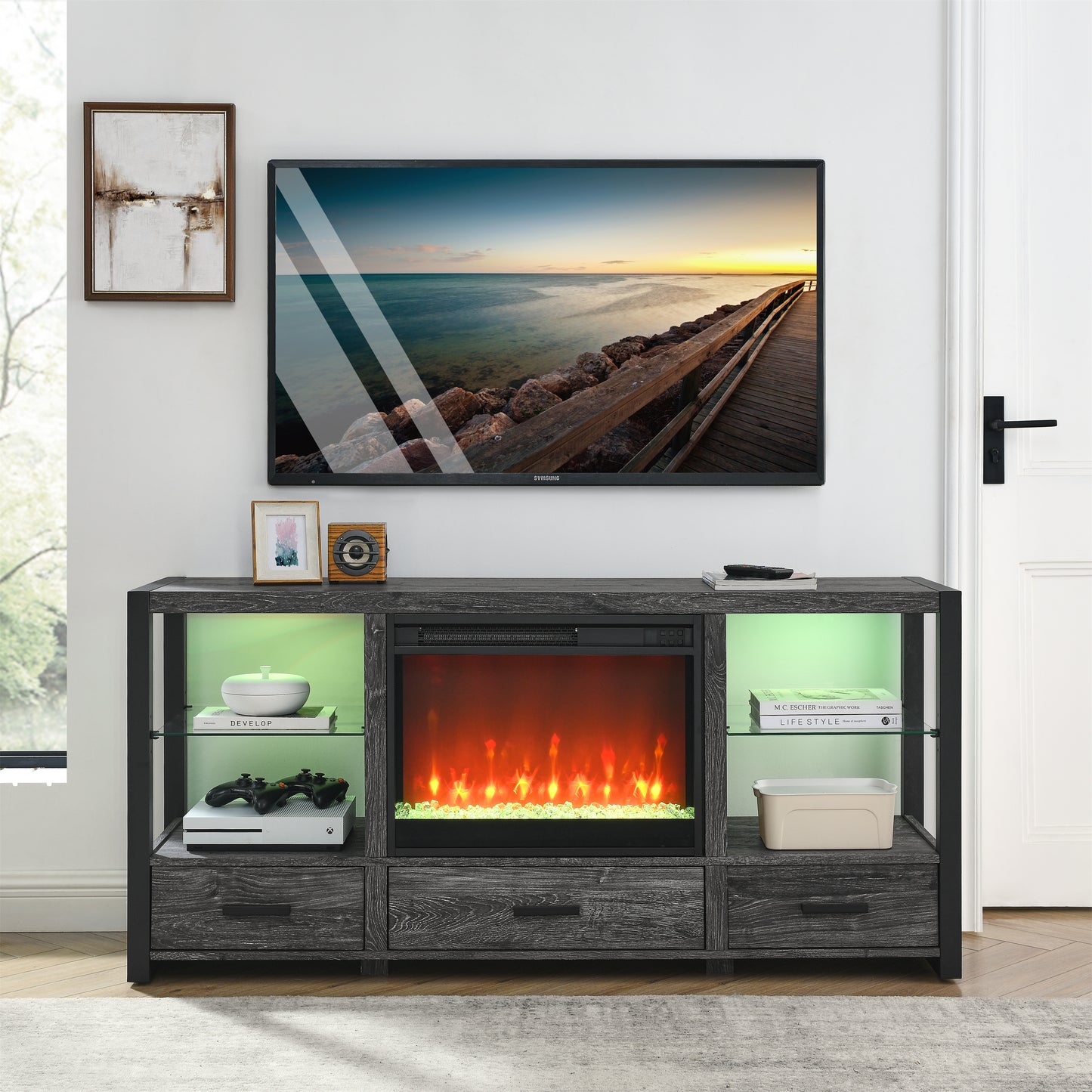 23 inch electric fireplace insert, ultra thin heater with crystal  & realistic flame, remote control with timer, overheating protection,with sidelight