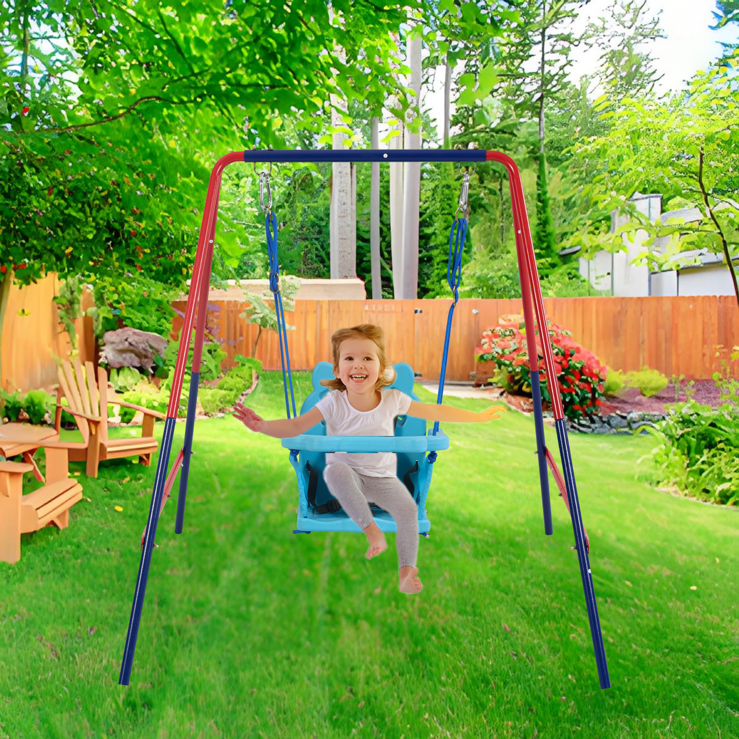 green and blue interesting 2 in 1 baby swing mental plastic safe swing set 110lbs for outdoor playground for age 3+