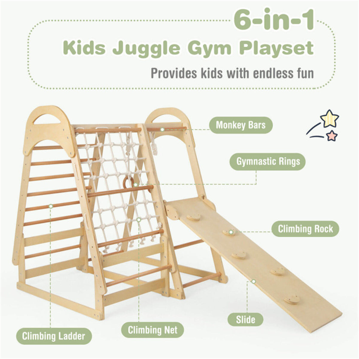 6-in-1 Wooden Kids Jungle Gym Playset