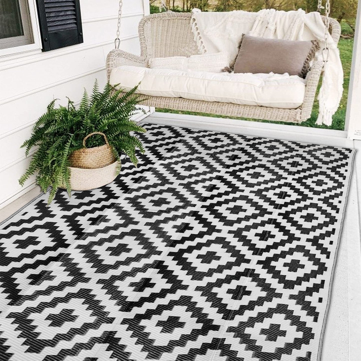 6 x 9 FT camping rug for RV mats outside, indoors, outdoor porches, decks, backyards, camping, balconies, picnics, black&white（Amazon Shipping）（Prohibited by WalMart）（No shipment on weekends）