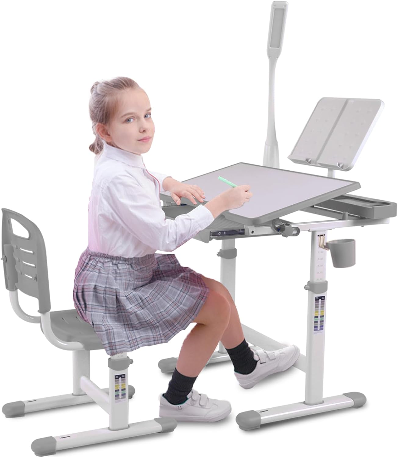 Desk for Kids Desk and Chair Set Kids Art Desk Drafting Table Desk Set with Adjustable Height, 40-Degree Tiltable Children Desktop, LED Light,Bookstand,Grey