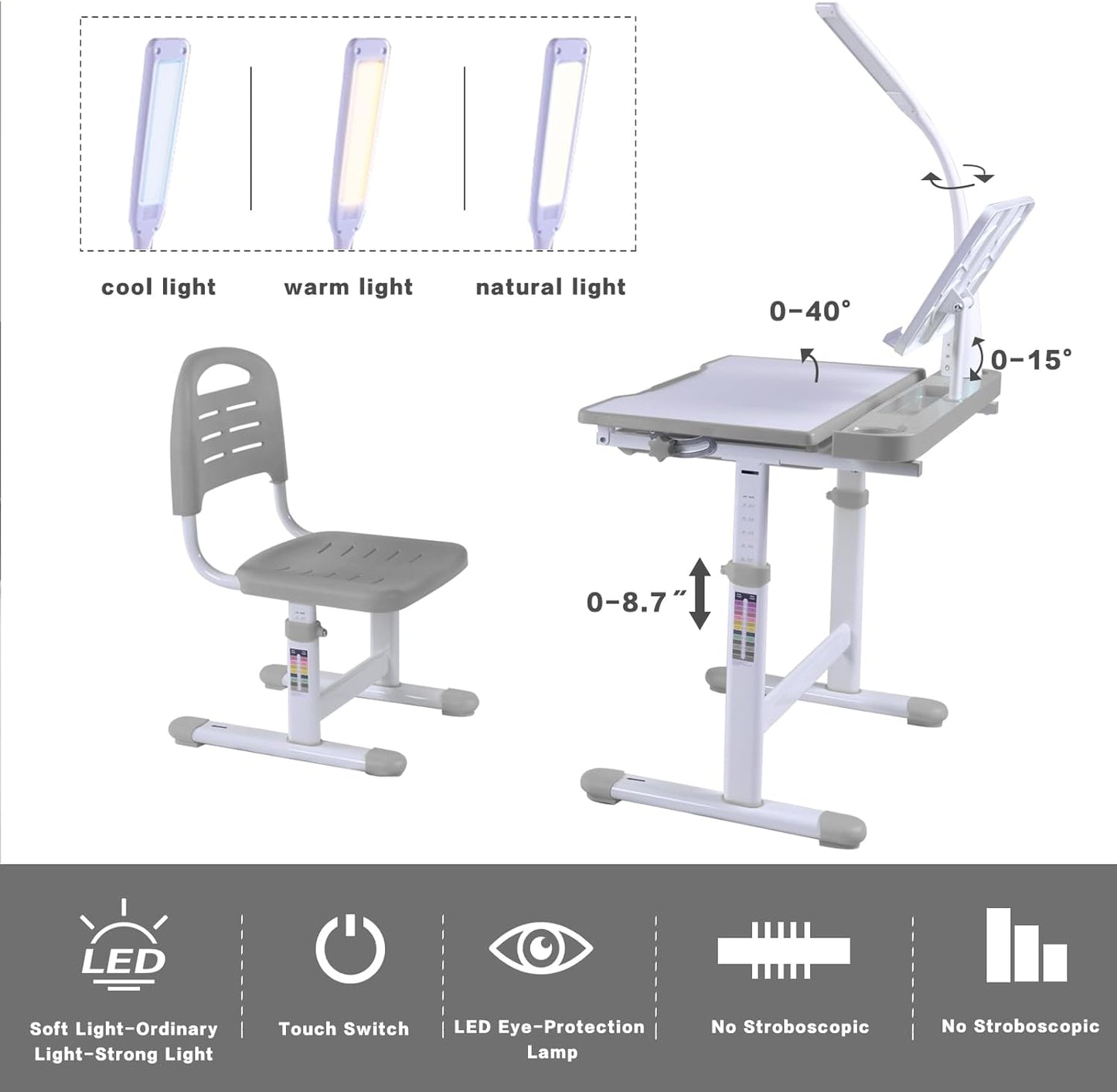 Desk for Kids Desk and Chair Set Kids Art Desk Drafting Table Desk Set with Adjustable Height, 40-Degree Tiltable Children Desktop, LED Light,Bookstand,Grey