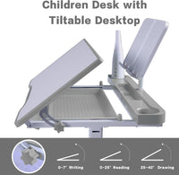 Desk for Kids Desk and Chair Set Kids Art Desk Drafting Table Desk Set with Adjustable Height, 40-Degree Tiltable Children Desktop, LED Light,Bookstand,Grey