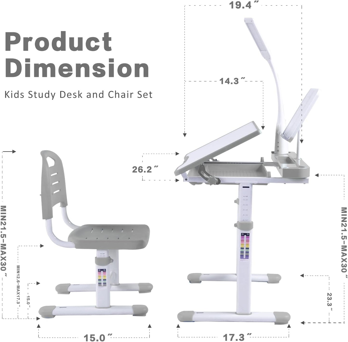 Desk for Kids Desk and Chair Set Kids Art Desk Drafting Table Desk Set with Adjustable Height, 40-Degree Tiltable Children Desktop, LED Light,Bookstand,Grey