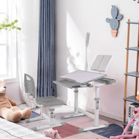 Desk for Kids Desk and Chair Set Kids Art Desk Drafting Table Desk Set with Adjustable Height, 40-Degree Tiltable Children Desktop, LED Light,Bookstand,Grey