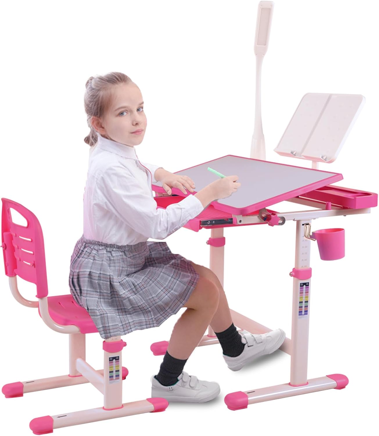 Desk for Kids Desk and Chair Set Kids Art Desk Drafting Table Desk Set with Adjustable Height, 40-Degree Tiltable Children Desktop, LED Light,Bookstand,Pink