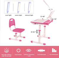 Desk for Kids Desk and Chair Set Kids Art Desk Drafting Table Desk Set with Adjustable Height, 40-Degree Tiltable Children Desktop, LED Light,Bookstand,Pink