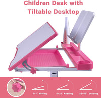 Desk for Kids Desk and Chair Set Kids Art Desk Drafting Table Desk Set with Adjustable Height, 40-Degree Tiltable Children Desktop, LED Light,Bookstand,Pink