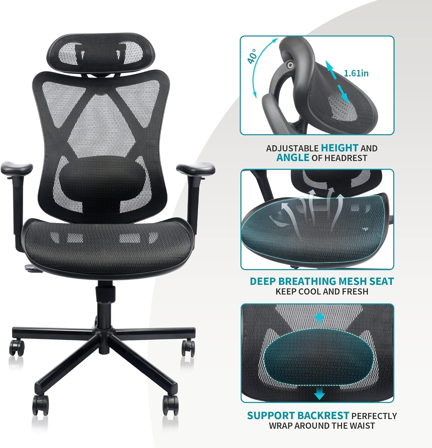 Mesh Office Chair, Ergonomic Office Chairs with Wheels, Adjustable Lumbar Support,Armrest, Headrest-Tilt High Back Desk Chair with Mute Wheel for Office, Home, Gaming