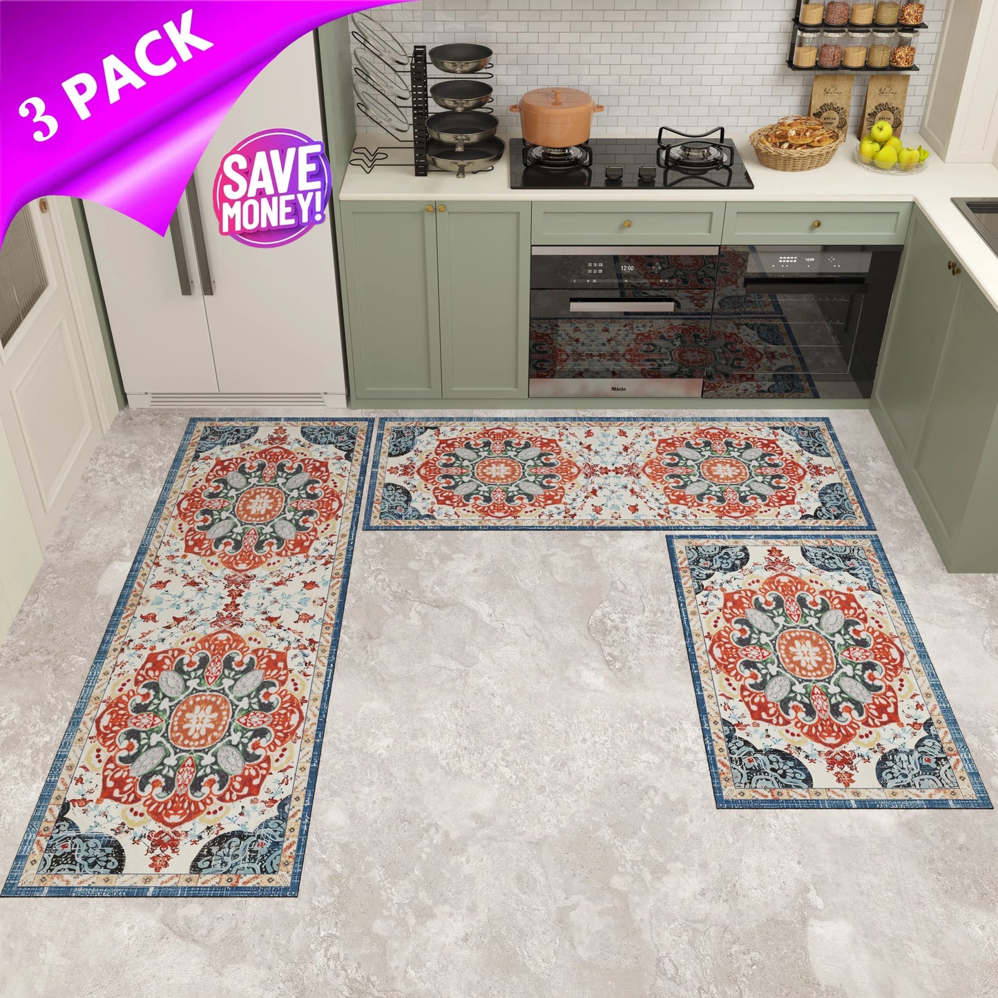 Kitchen Rugs Sets 3 Piece with Runner Non Slip Kitchen Mats for Floor Washable Bohemian Runner Rug Kitchen Floor Mat Carpet for Hallway Laundry Room Door Office Sink