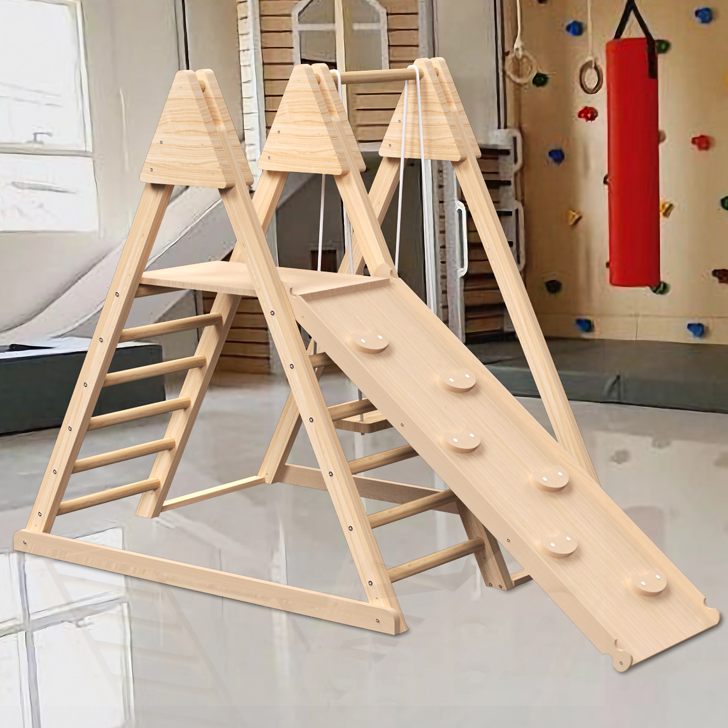 4-in-1 Indoor Play Gym - Jungle Gym Playset with Baby Swing, Slide, Ladder, and Climbing Wall - Foldable Wooden Playset - Indoor Jungle Gym for Kids