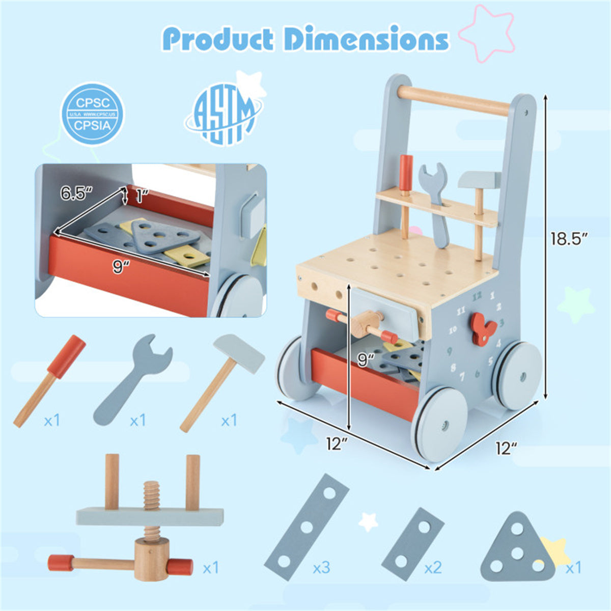 Wooden Baby Walker with Multi-Activity Center