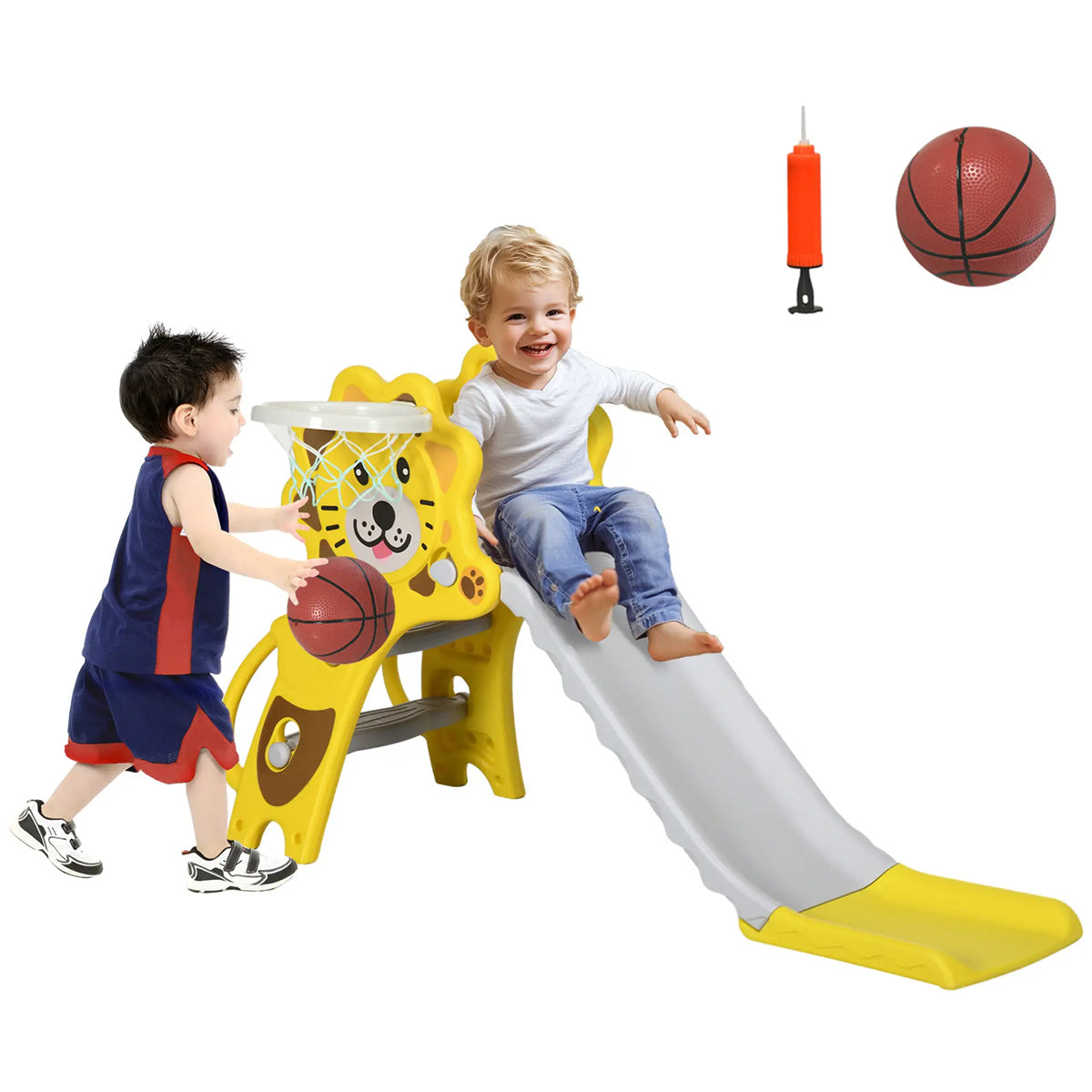 Yellow Toddler Slide for Indoors with Basketball Hoop