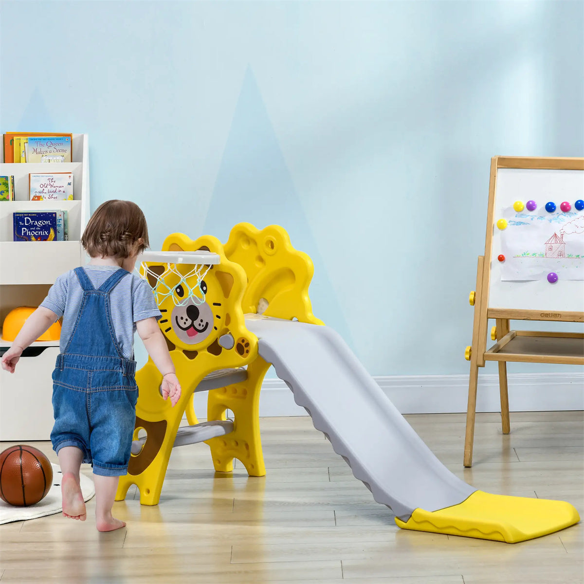 Yellow Toddler Slide for Indoors with Basketball Hoop