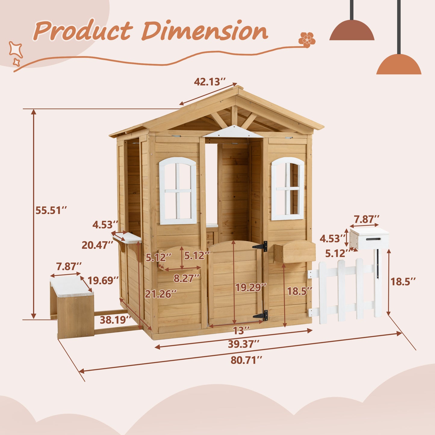 Wooden Playhouse for Kids Outdoor with Working Door, Windows, Mailbox, Bench, Flowers Pot Holde