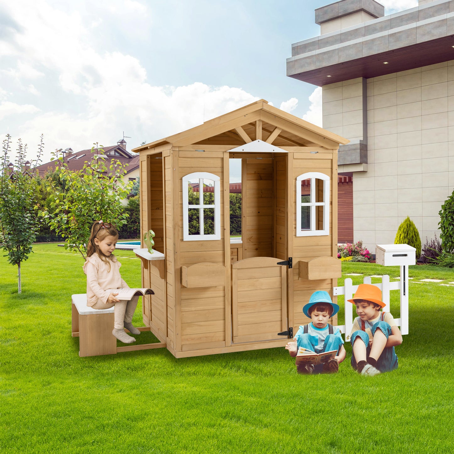 Wooden Playhouse for Kids Outdoor with Working Door, Windows, Mailbox, Bench, Flowers Pot Holde