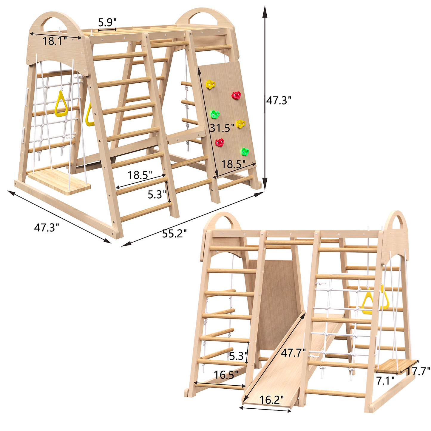 Indoor Playground 7-in-1 Jungle Gym Playset for Kids 2-6yrs - Slide, Climbing Wall, Rope Wall Climber, Monkey Bars, Swing - Waldorf and Montessori Style Wooden Climb Set.