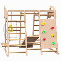 Indoor Playground 7-in-1 Jungle Gym Playset for Kids 2-6yrs - Slide, Climbing Wall, Rope Wall Climber, Monkey Bars, Swing - Waldorf and Montessori Style Wooden Climb Set.