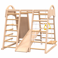 Indoor Playground 7-in-1 Jungle Gym Playset for Kids 2-6yrs - Slide, Climbing Wall, Rope Wall Climber, Monkey Bars, Swing - Waldorf and Montessori Style Wooden Climb Set.