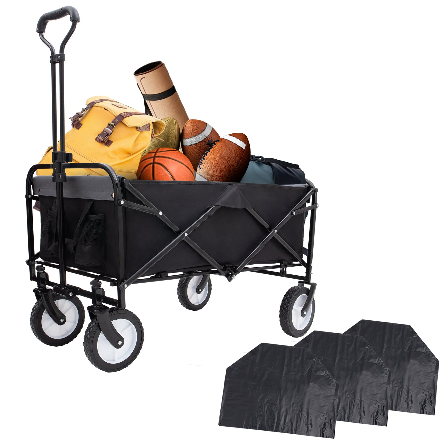 360lbs Collapsible Foldable Wagon Cart with strapping system ,Beach Wagon Utility Cart Utility Wagon Grocery Cart for Camping Shopping Sports Gardening Fishing Supports 3pcs plastic Liner bag black