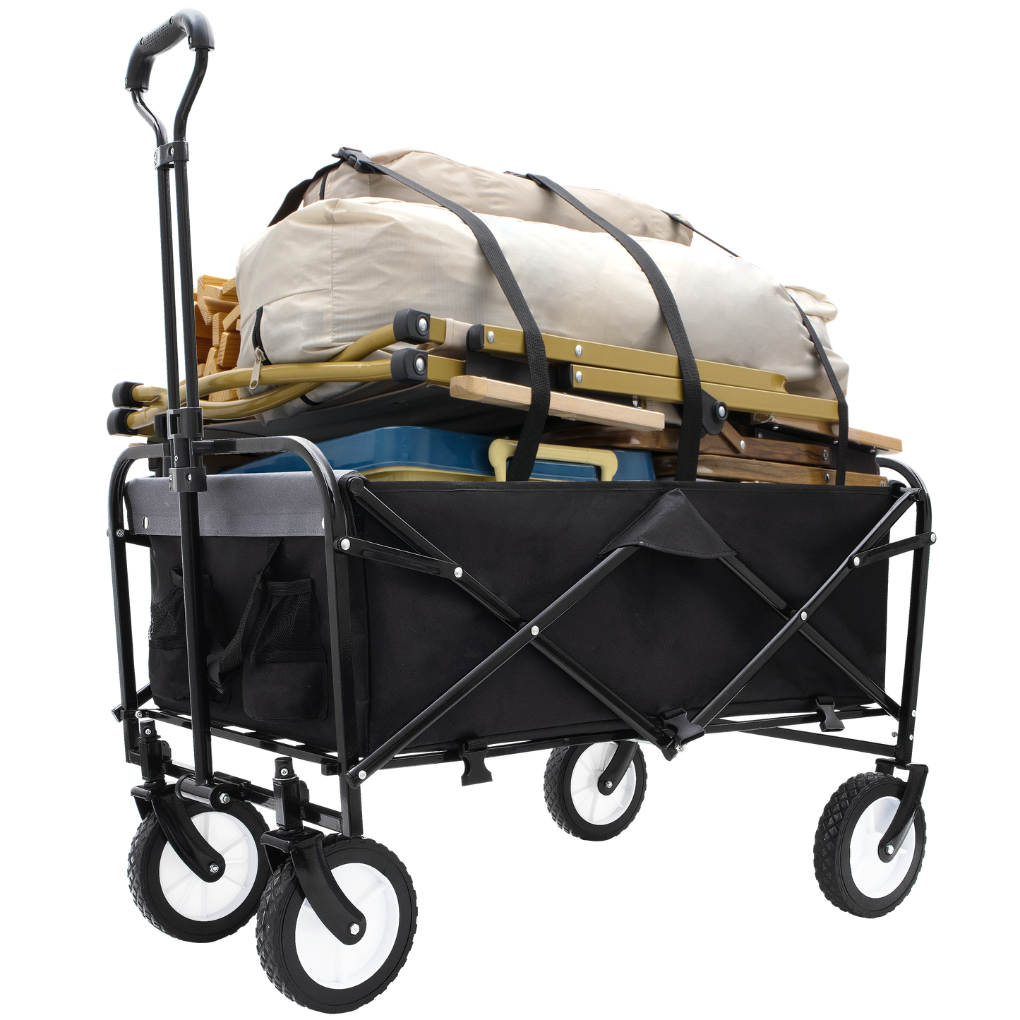 360lbs Collapsible Foldable Wagon Cart with strapping system ,Beach Wagon Utility Cart Utility Wagon Grocery Cart for Camping Shopping Sports Gardening Fishing Supports 3pcs plastic Liner bag black