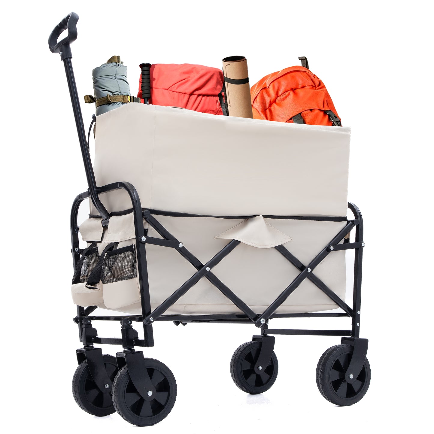 Multi-use Bag,Collapsible Foldable Wagon Cart Beach Wagon Heavy Duty Utility Cart Utility Wagon Grocery Cart for for Camping 3pcs plastic Liner bag /Cover , cream