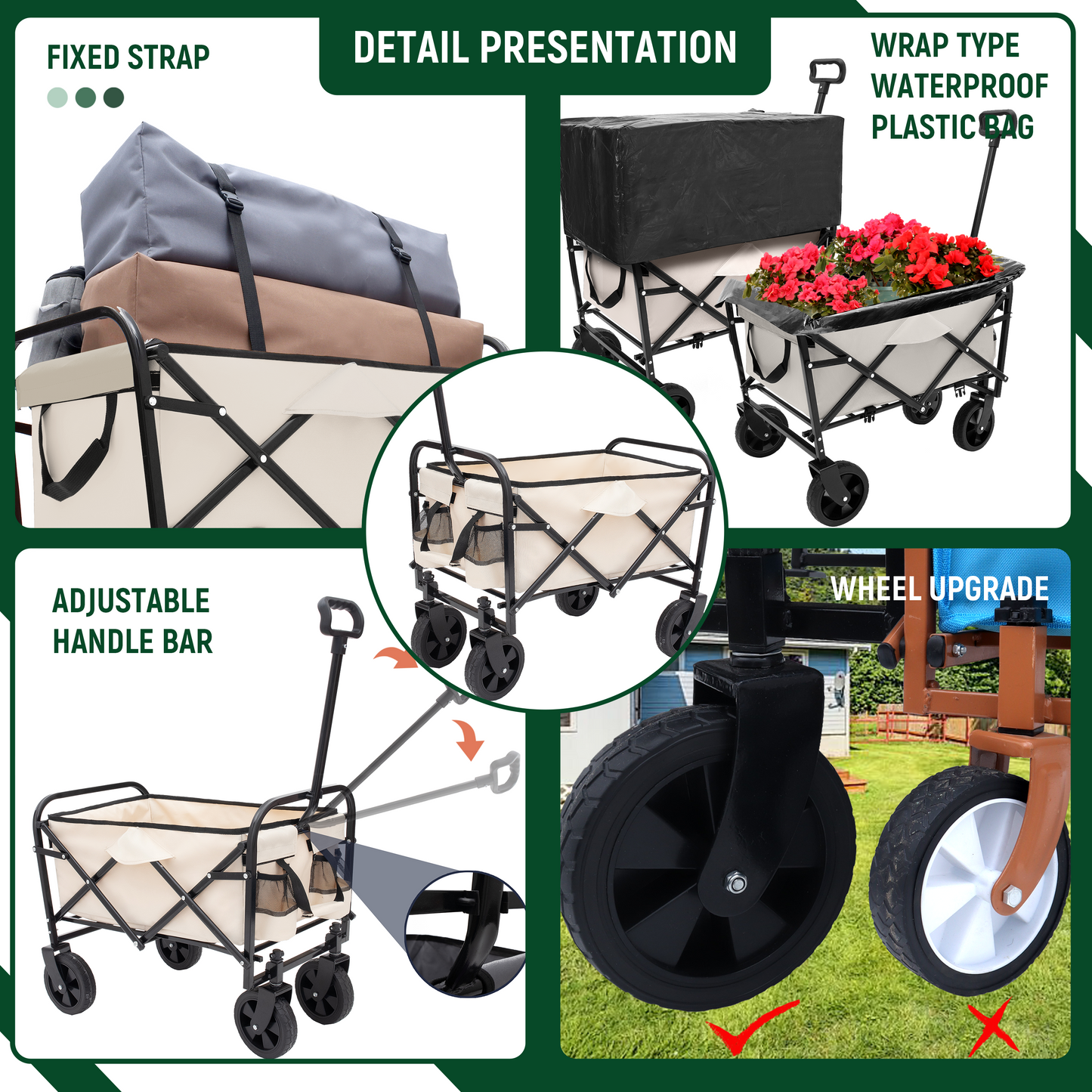 Multi-use Bag,Collapsible Foldable Wagon Cart Beach Wagon Heavy Duty Utility Cart Utility Wagon Grocery Cart for for Camping 3pcs plastic Liner bag /Cover , cream