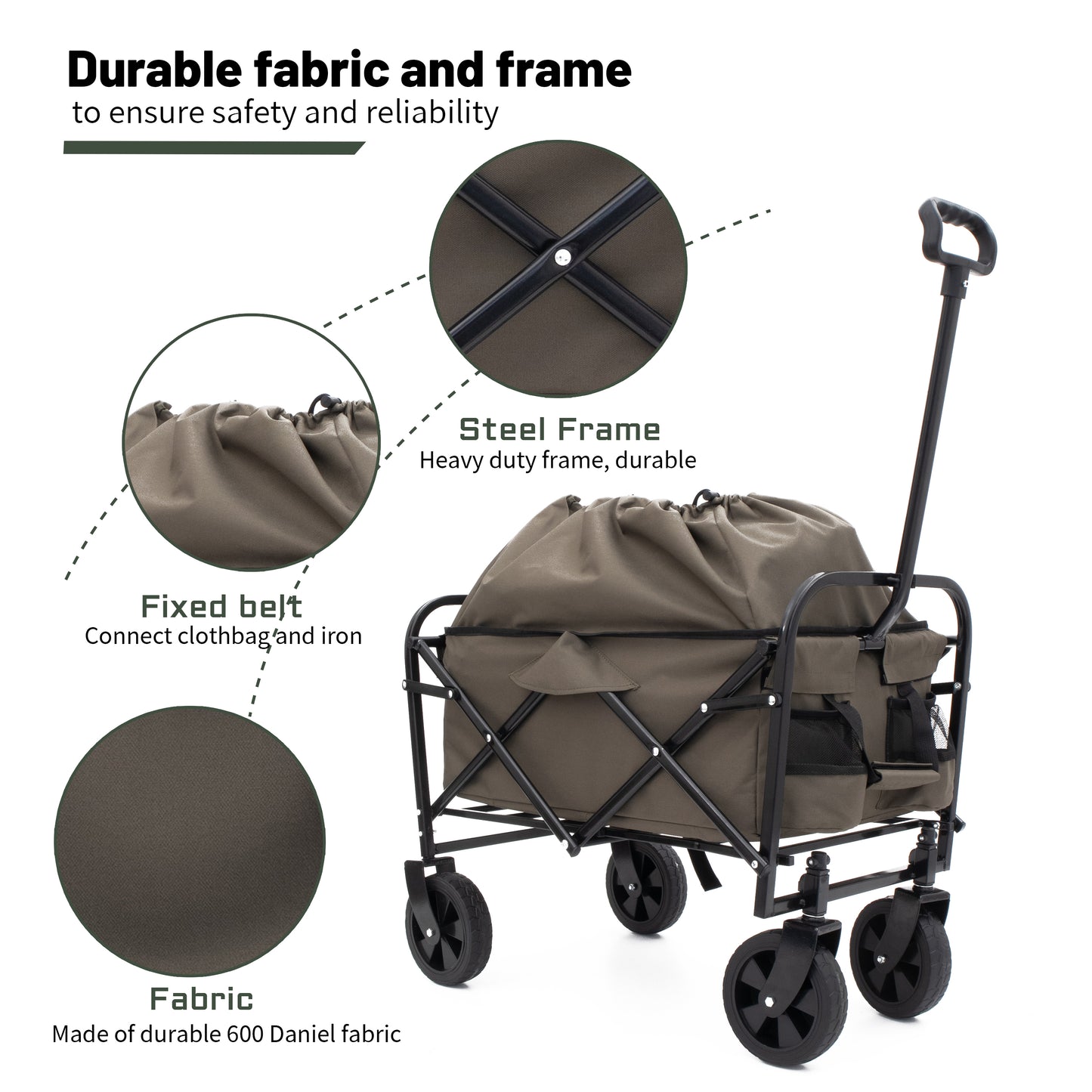 Multi-use Bag,Collapsible Foldable Wagon Cart Beach Wagon Heavy Duty Utility Cart Utility Wagon Grocery Cart for for Camping 3pcs plastic Liner bag /Cover , Olive green