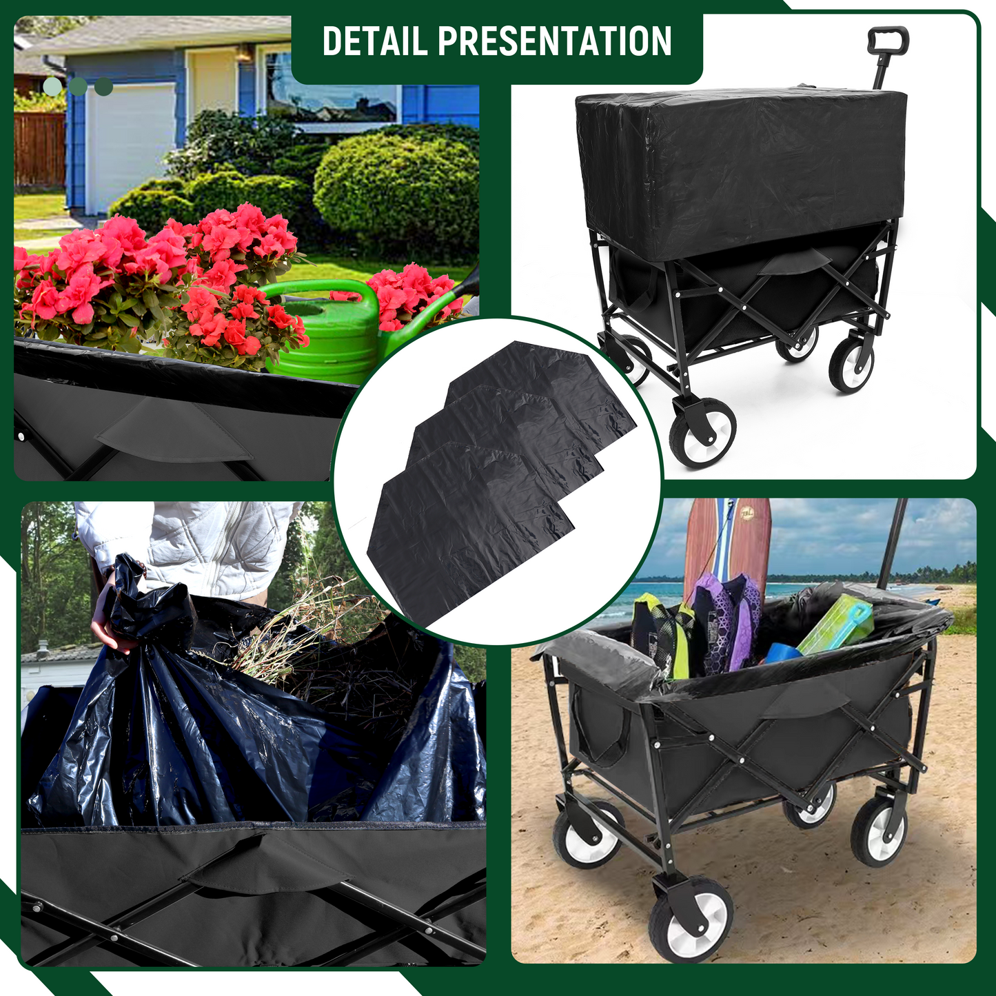 Multi-use Bag Collapsible Foldable Wagon Cart Beach Wagon Heavy Duty Utility Cart Utility Wagon Grocery Cart for for Camping ,3pcs  plastic Liner bag /Cover ,black