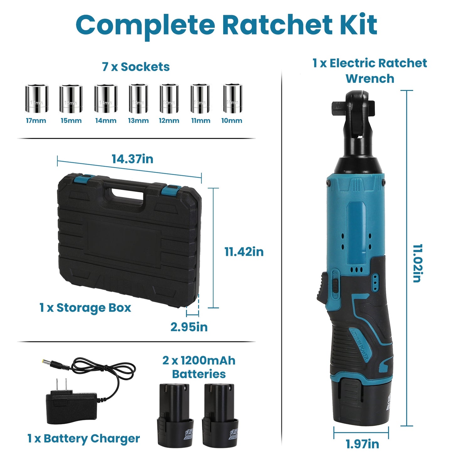 3/8” Cordless Electric Ratchet Wrench Set Right Angle Wrench with 2Pcs 1200mAh Batteries and Charger 7 Sockets 400RPM