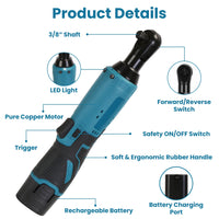 3/8” Cordless Electric Ratchet Wrench Set Right Angle Wrench with 2Pcs 1200mAh Batteries and Charger 7 Sockets 400RPM