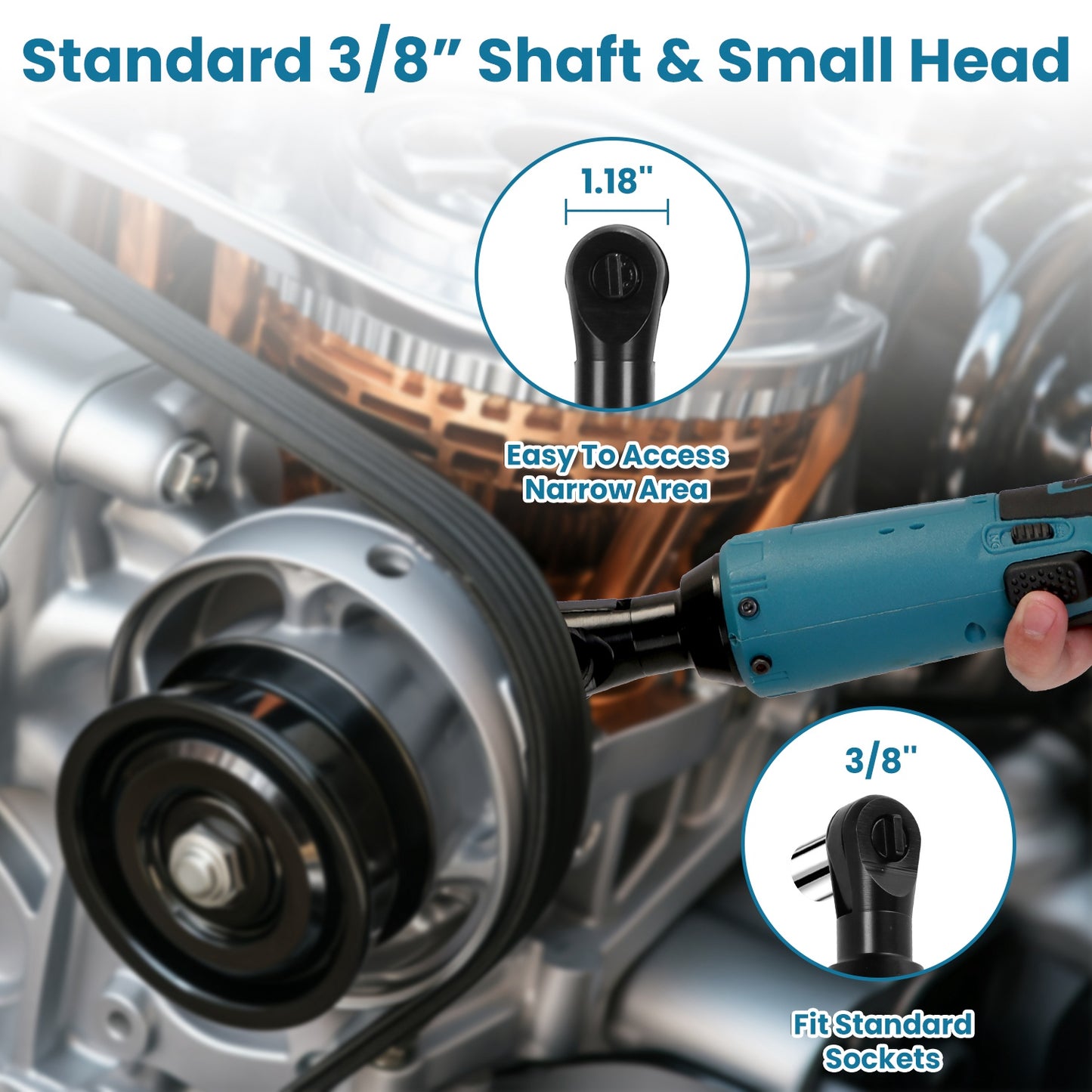 3/8” Cordless Electric Ratchet Wrench Set Right Angle Wrench with 2Pcs 1200mAh Batteries and Charger 7 Sockets 400RPM