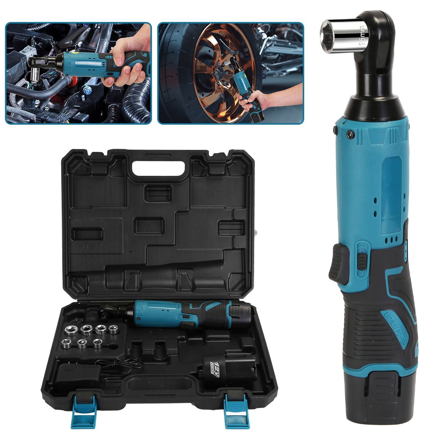 3/8” Cordless Electric Ratchet Wrench Set Right Angle Wrench with 2Pcs 1200mAh Batteries and Charger 7 Sockets 400RPM