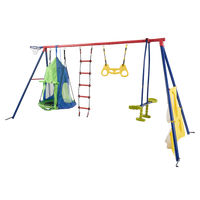 XNS092 rinbow colour interesting four function swingset with net swing and face to face metal plastic safe swing seat 550lbs for outdoor playground for age 3+