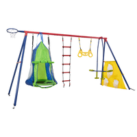 XNS092 rinbow colour interesting four function swingset with net swing and face to face metal plastic safe swing seat 550lbs for outdoor playground for age 3+